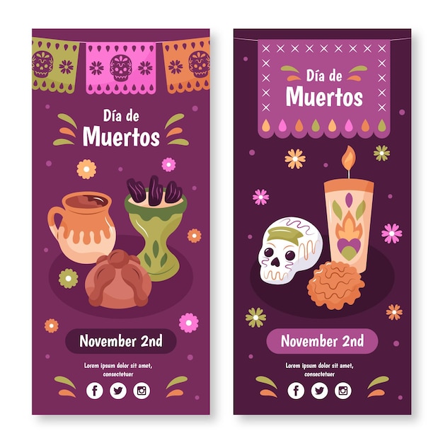 Banners de día de muertos desenhados à mão