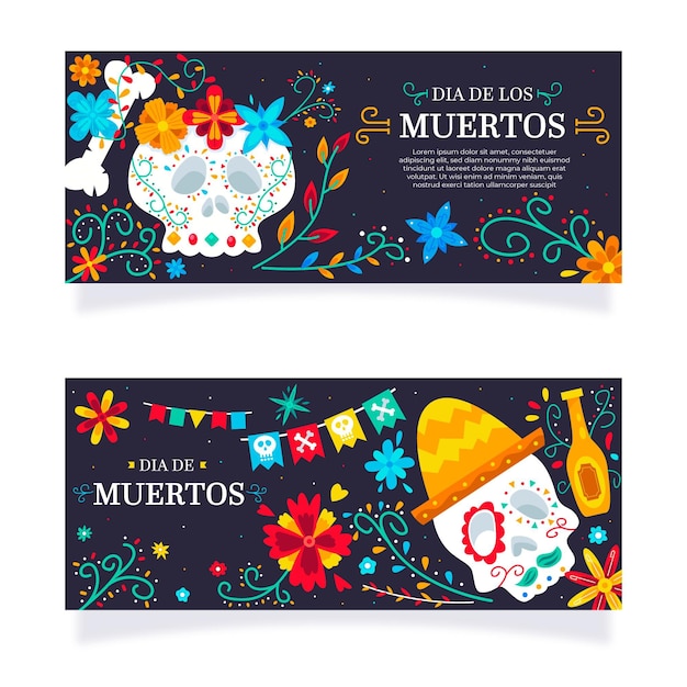 Vetor grátis banners de dia de muertos em design plano