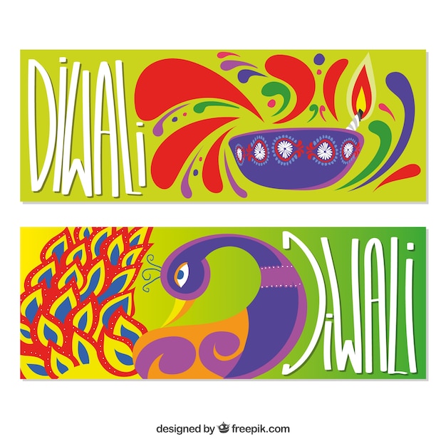 Vetor grátis banners de diwali com pavão e vela desenhados à mão