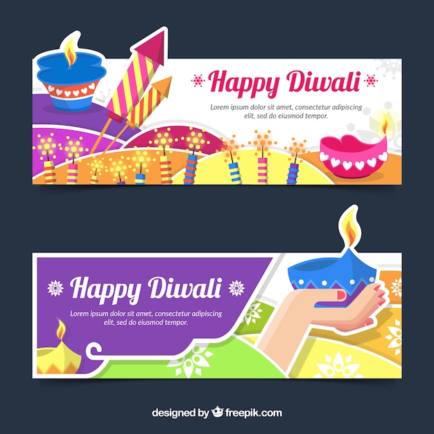 Vetor grátis banners de diwali felizes com elementos tradicionais