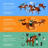 Vetor grátis banners de esporte de equitação com elementos de munição e pilotos empregados em treinamento de cavalo
