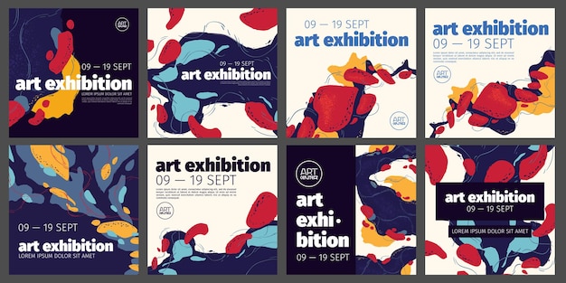 Vetor grátis banners de exposições de arte com bolhas de tinta abstratas cartazes quadrados vetoriais para mídias sociais de exposição de museu ou galeria com design criativo moderno com pintura colorida