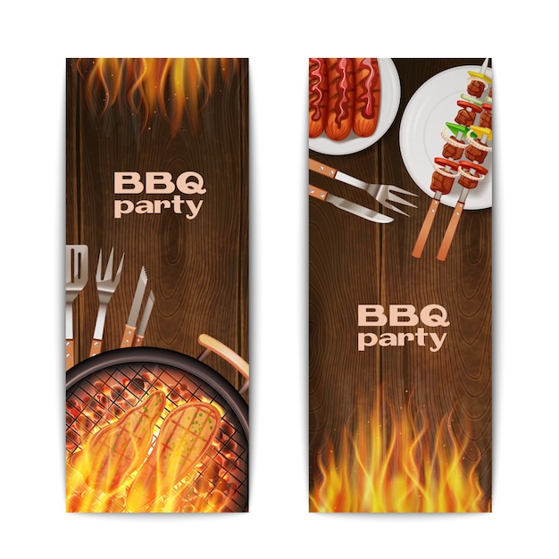 Vetor grátis banners de festa de churrasco grelhados conjunto verticais