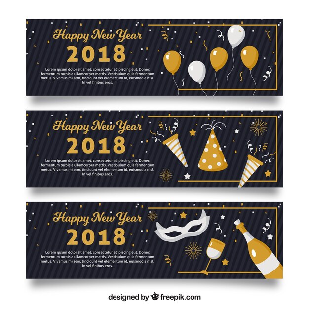 Banners de festa do ano novo de 2018 em preto e dourado