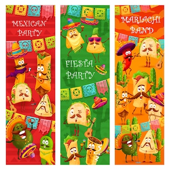 Banners de festa mexicana de fiesta com personagens de comida Vetor Premium