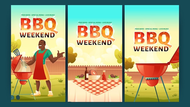 Banners de fim de semana de churrasco com homem cozinha carne na grelha cartazes vetoriais de festa de churrasco com ilustração dos desenhos animados de piquenique com churrasco e mesa com comida no gramado de verão no parque ou quintal