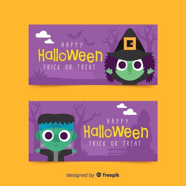 Vetor grátis banners de halloween com o monstro de bruxa e frankenstein