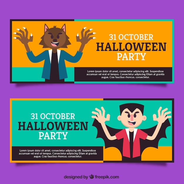 Banners de halloween com vampiro e lobo