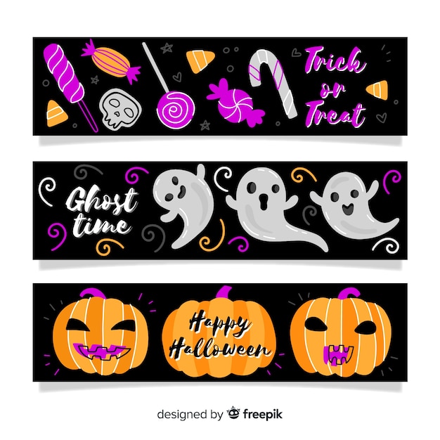 Banners de halloween de mão desenhada com abóbora e fantasma