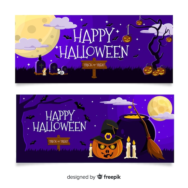 Banners de halloween plana com bruxaria assustadora