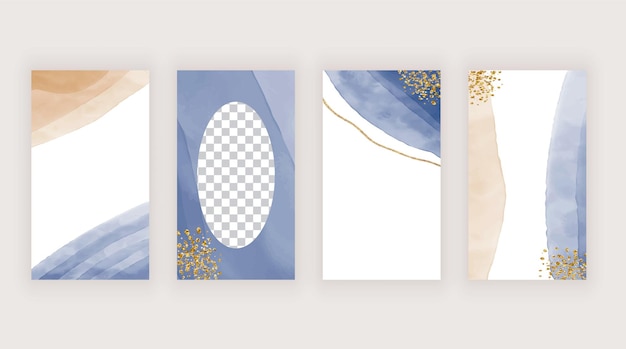 Banners de histórias de mídia social com aquarela azul e marrom formas com textura de glitter dourado