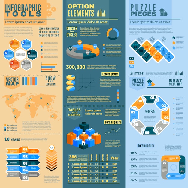 Banners de infográfico definido com infográfico ferramentas elementos opcionais e peças de quebra-cabeça planas