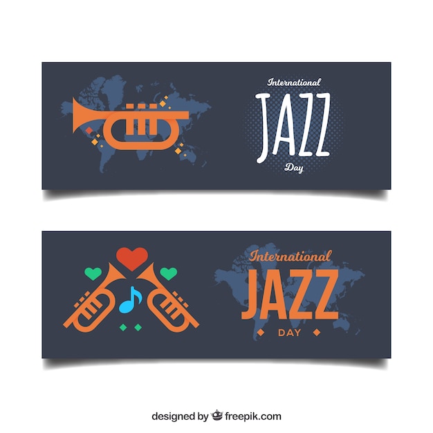 Vetor grátis banners de jazz com trombetas em design plano