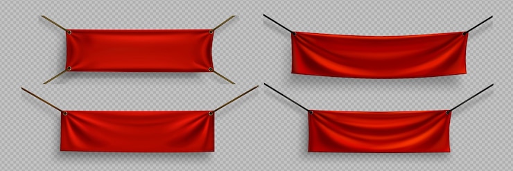 Vetor grátis banners de lona vermelha em branco maquete de tecido horizontal bandeiras folha têxtil pendurada em cordas cartazes de pano escarlate vazios com dobras isoladas em conjunto realista de vetor de fundo transparente