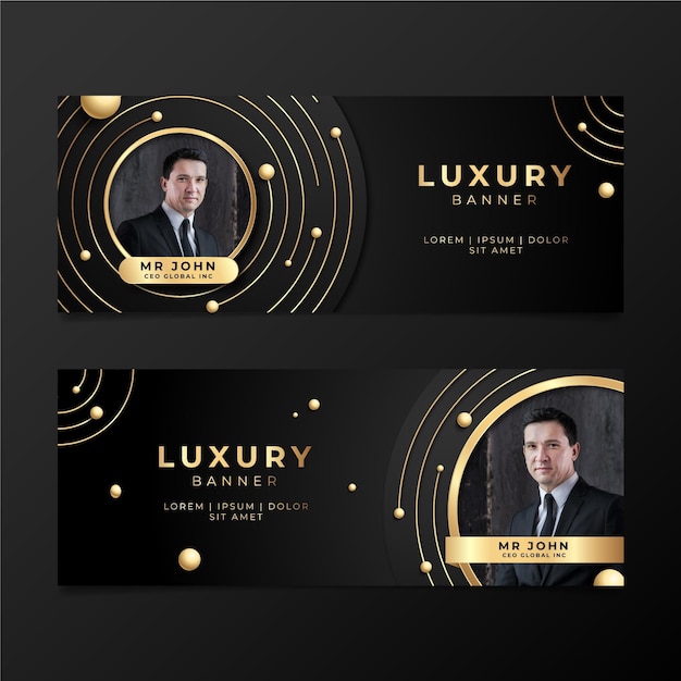 Vetor grátis banners de luxo gradiente dourado com foto