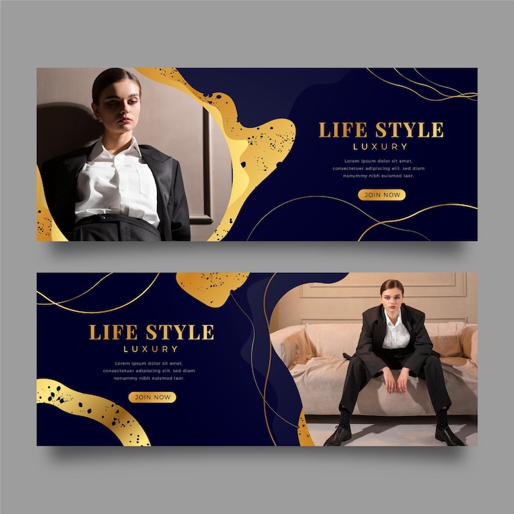 Vetor grátis banners de luxo gradiente dourado com foto