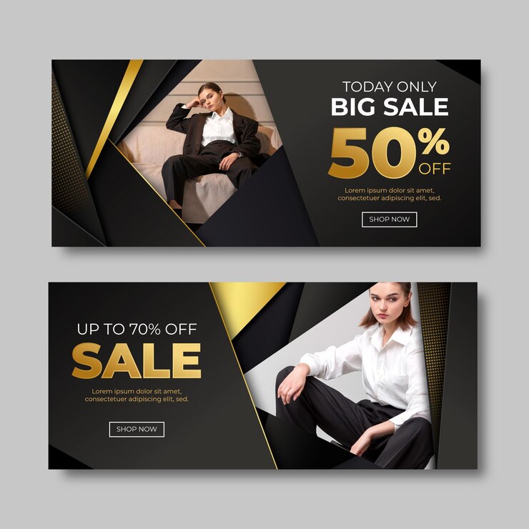 Vetor grátis banners de luxo gradiente dourado com foto