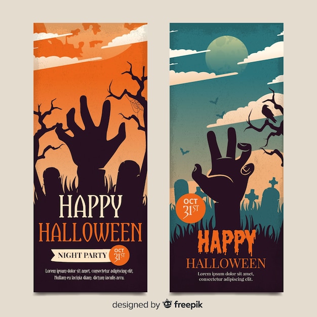 Vetor grátis banners de mão vintage zombie halloween
