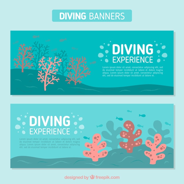 Vetor grátis banners de mergulho fundo do mar