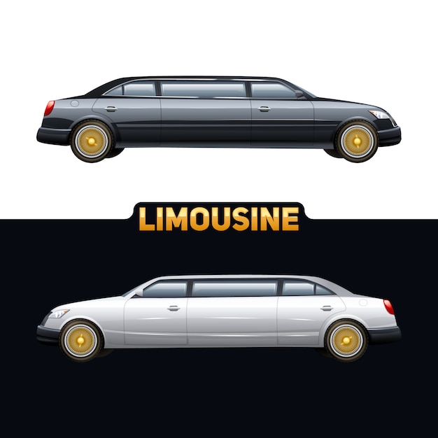 Vetor grátis banners de negócios de aluguer de limousines de luxo propaganda com automóvel branco e preto