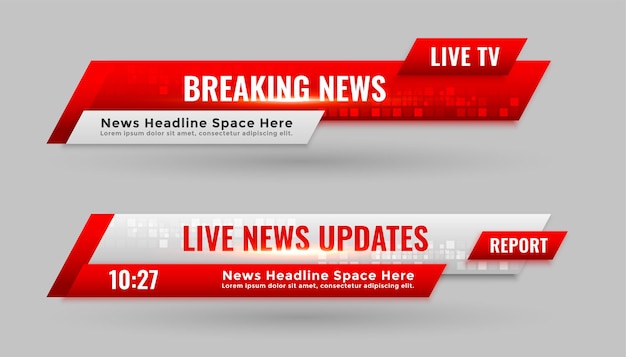 Banners de notícias no terço inferior em cor vermelha