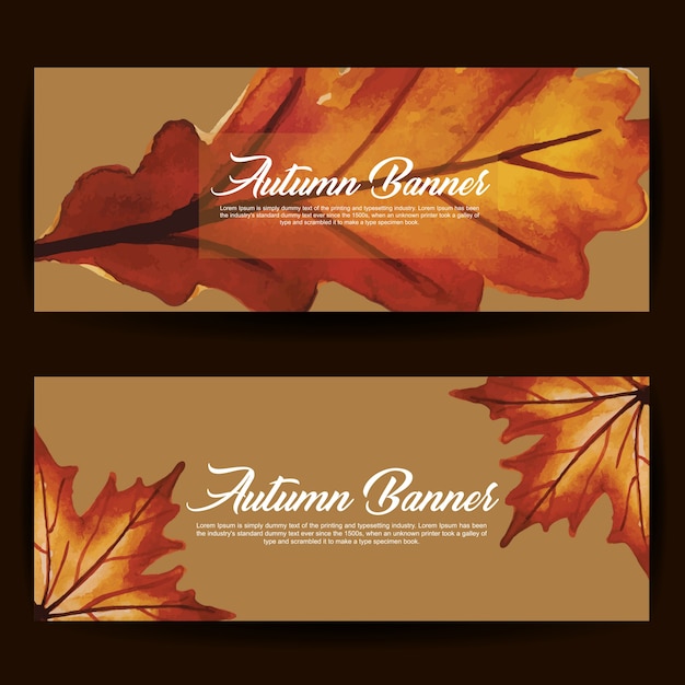 Banners de outono com folhas de laranja, amarelo e verde de aquarela