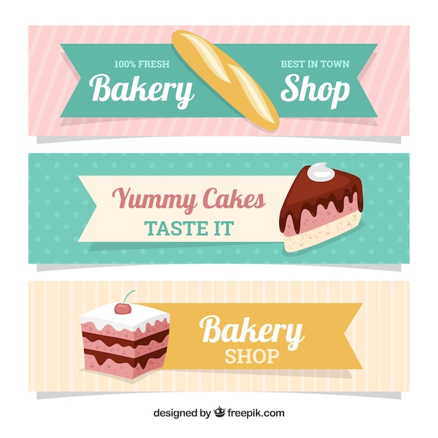 Banners de padaria com doces e pão em estilo plano