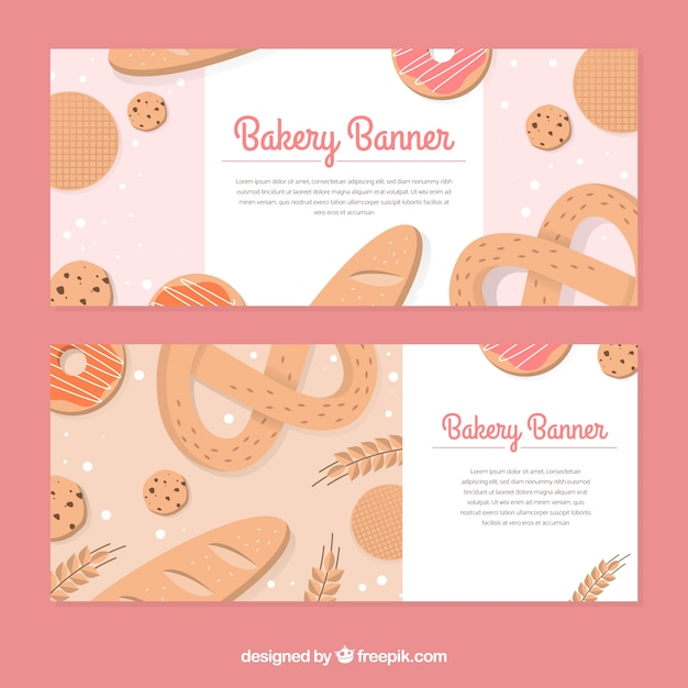 Banners de padaria com doces e pão em estilo plano