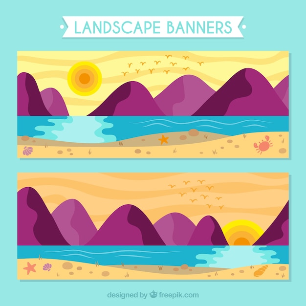 Banners de paisagem no por do sol com montanhas