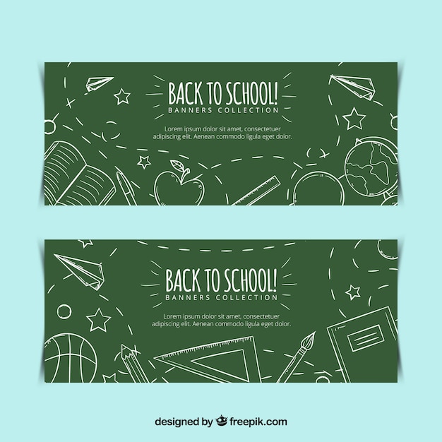 Banners de quadro-negro com desenhos escolares