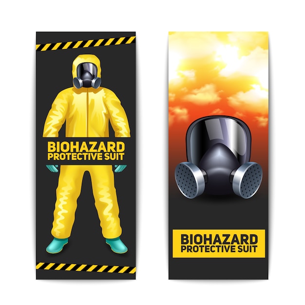 Banners de risco biológico conjunto com trabalhador em traje de proteção e óculos