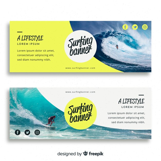 Vetor grátis banners de surf moderno com foto