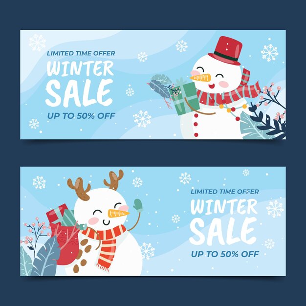 Banners de venda de inverno planos horizontais desenhados à mão com boneco de neve
