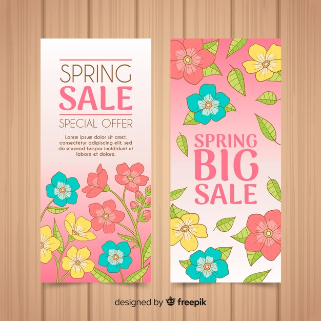 Banners de venda de primavera de mão desenhada