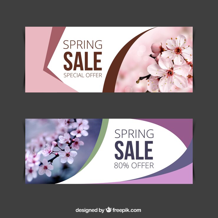 Vetor grátis banners de venda de primavera rosa e roxo com foto