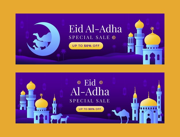Banners de venda gradiente eid al-adha
