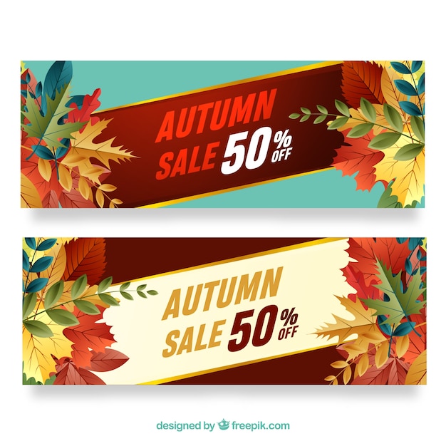 Vetor grátis banners de venda outono com folhas coloridas