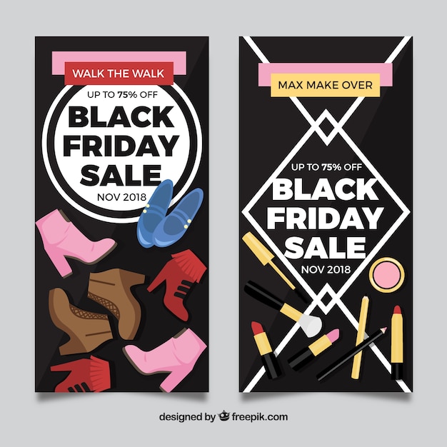 Vetor grátis banners de venda sexta-feira pretos para sapatos e cosméticos