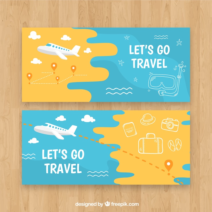 Vetor grátis banners de viagens com elementos de mão desenhada