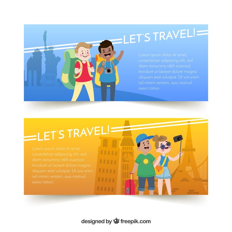 Vetor grátis banners de viagens com turistas de mão desenhada