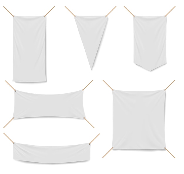 Vetor grátis banners de vinil 3d vector mockup toldos de tecido branco esticados em flex tela em branco de forma quadrada triangular e retangular para tenda de publicidade de rua ou cartazes simulados ilustração realista