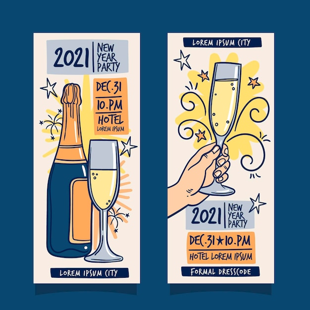 Banners desenhados à mão para a festa de ano novo de 2021