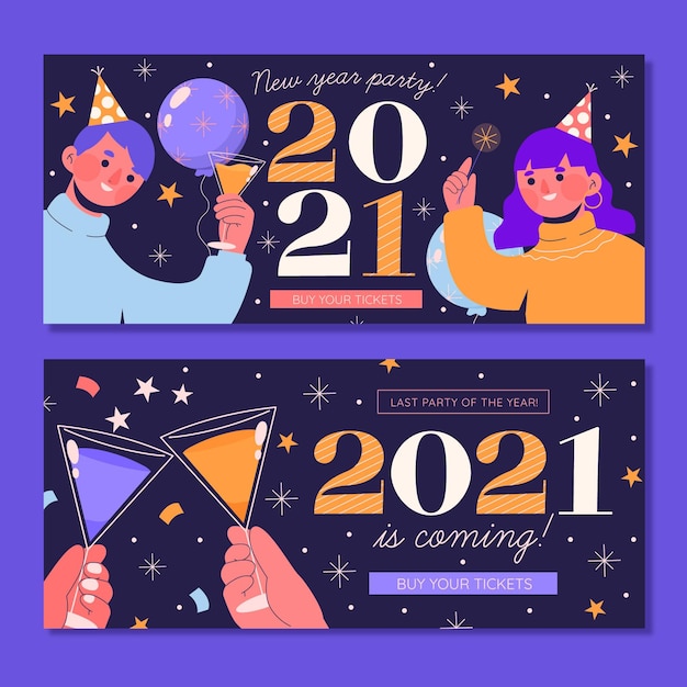 Banners desenhados à mão para a festa de ano novo de 2021