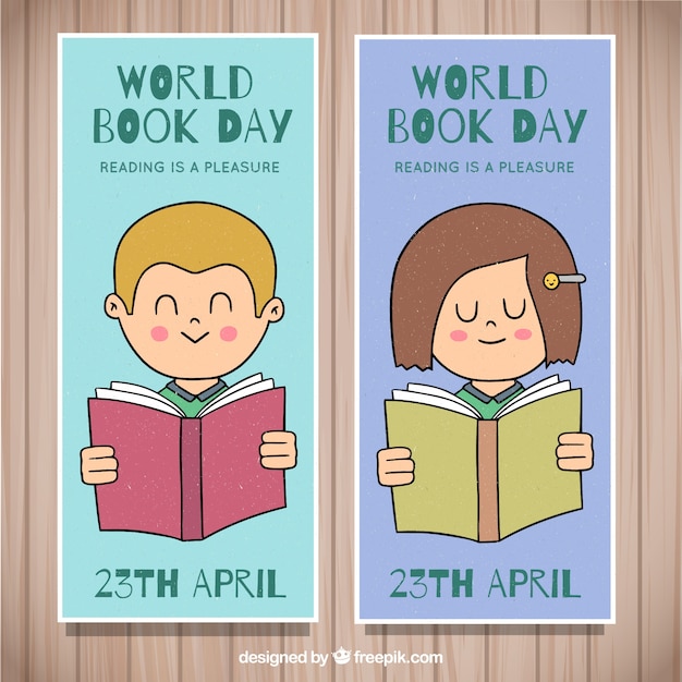 Vetor grátis banners desenhados mão do dia do livro mundial