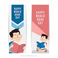 Vetor grátis banners dia mundial do livro com leitura do menino no design plano