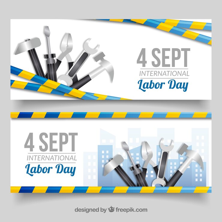 Vetor grátis banners do dia do trabalho com ferramentas e data