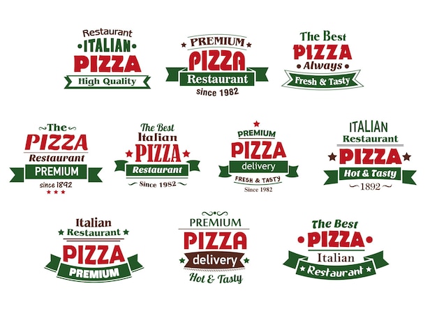 Banners e rótulos de pizza italiana premium isolados no fundo branco para design de café, restaurante e entrega