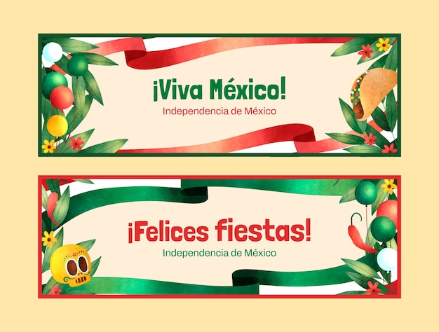 Banners em aquarela para celebração da independência do méxico