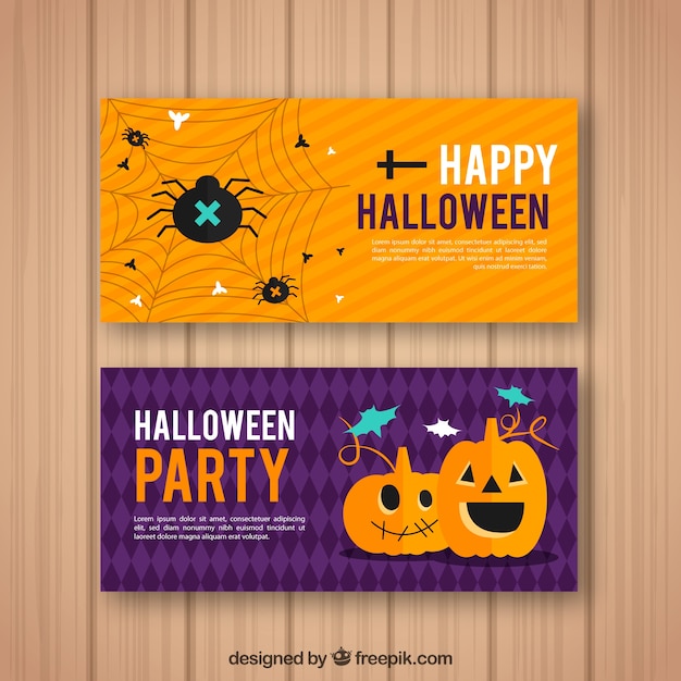 Vetor grátis banners felizes de halloween com abóboras e aranha