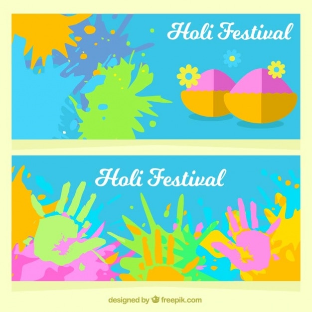 Vetor grátis banners festival de holi com handprints coloridos e manchas